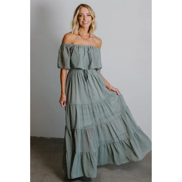 BALTIC BORN Maxi Dress MED Off the Shoulder Swiss Dot Tiered Green Forest Fairy - Picture 1 of 9